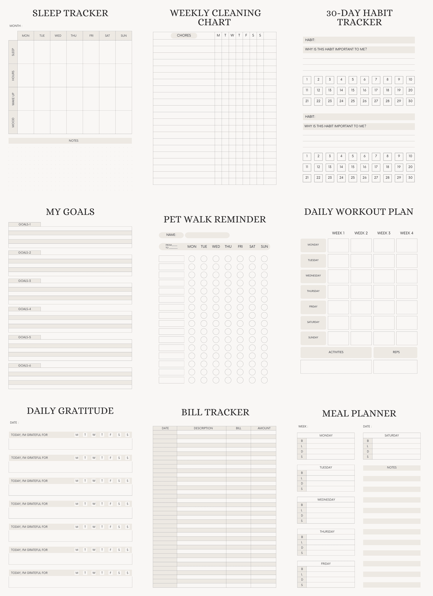 Flatlay of planner cover pages from the ADHD all-in-one bundle