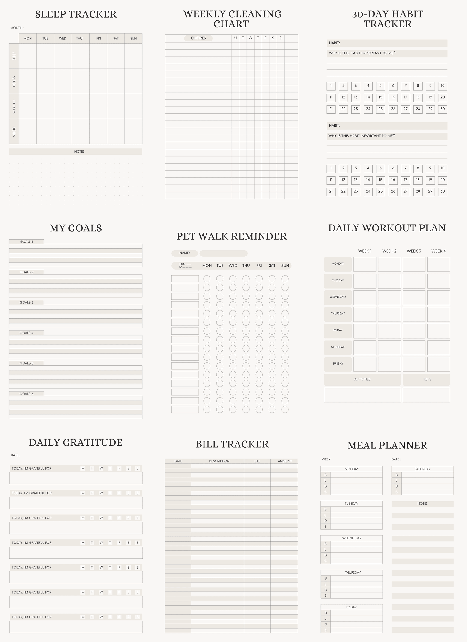 Flatlay of planner cover pages from the ADHD all-in-one bundle